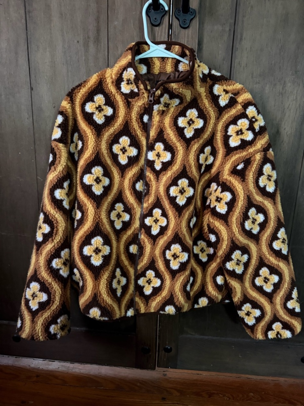 Cider Brown & Yellow Floral Wave Teddy Jacket